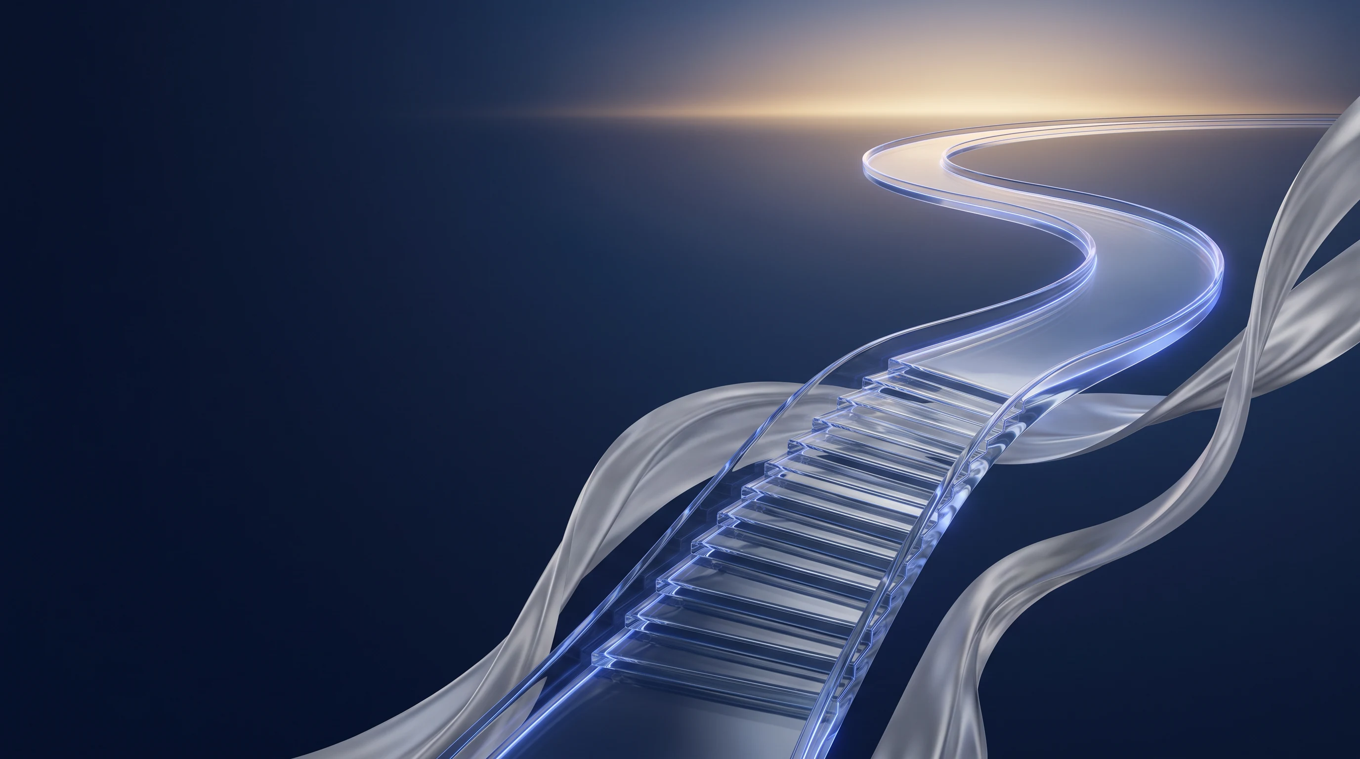 Glass stairway rising toward the light